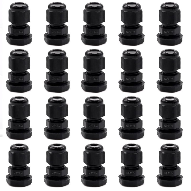 Tnuocke 20 Pcs Nylon Cable Glands 1/4"" Npt,Waterproof Adjustable Diameter 3-6Mm Cable Connectors,Plastic Cable Gland Joints With Gaskets 1/4 Npt-Bk - Image 1